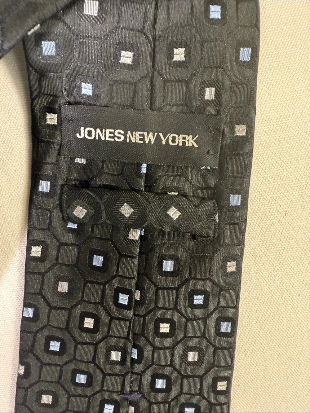 Jones New York Black Tie with Blue and Gray Geometric Squares